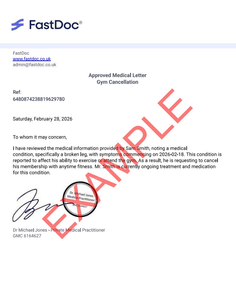 Example FastDoc gym cancellation medical letter