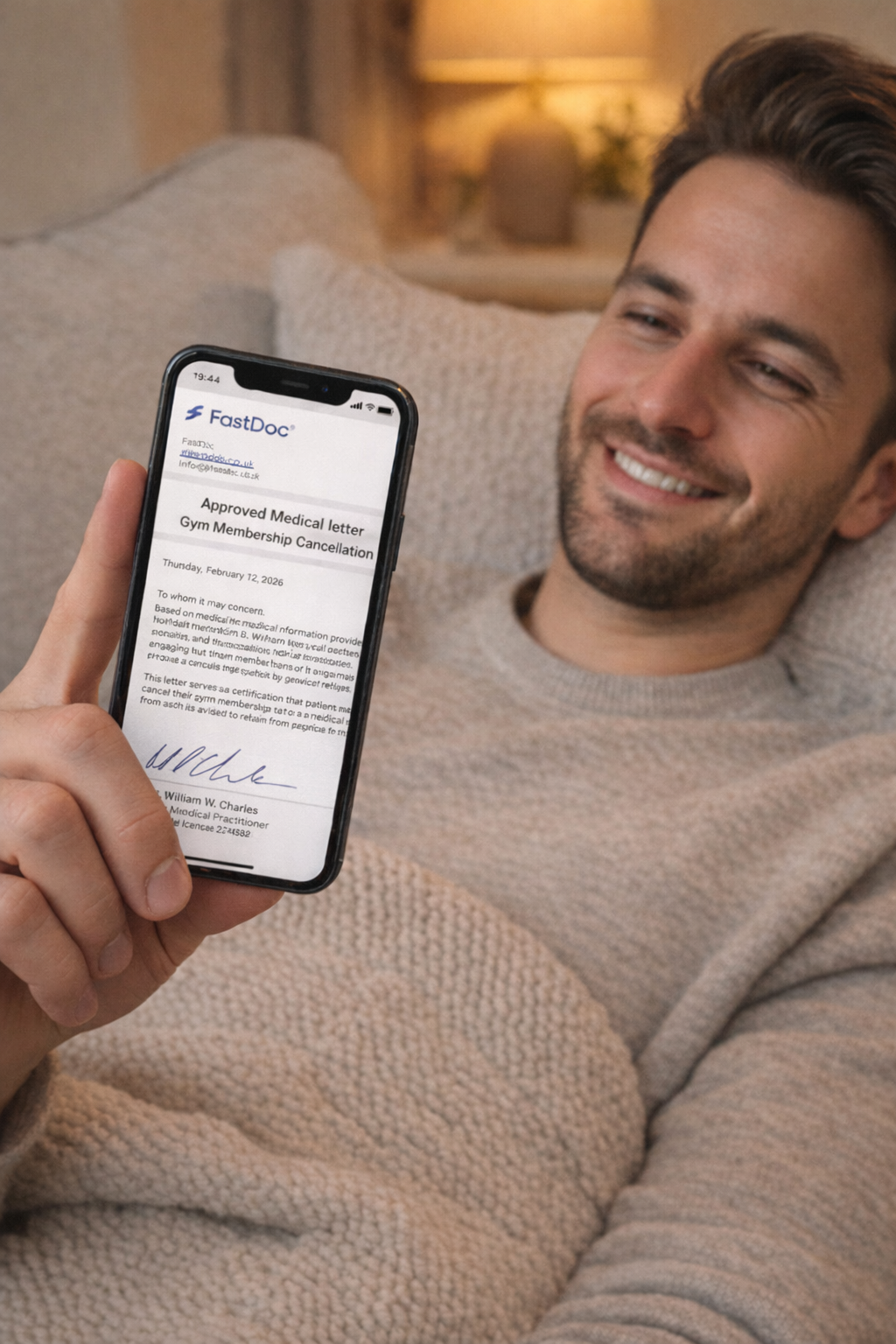 Woman holding phone showing FastDoc gym cancellation letter