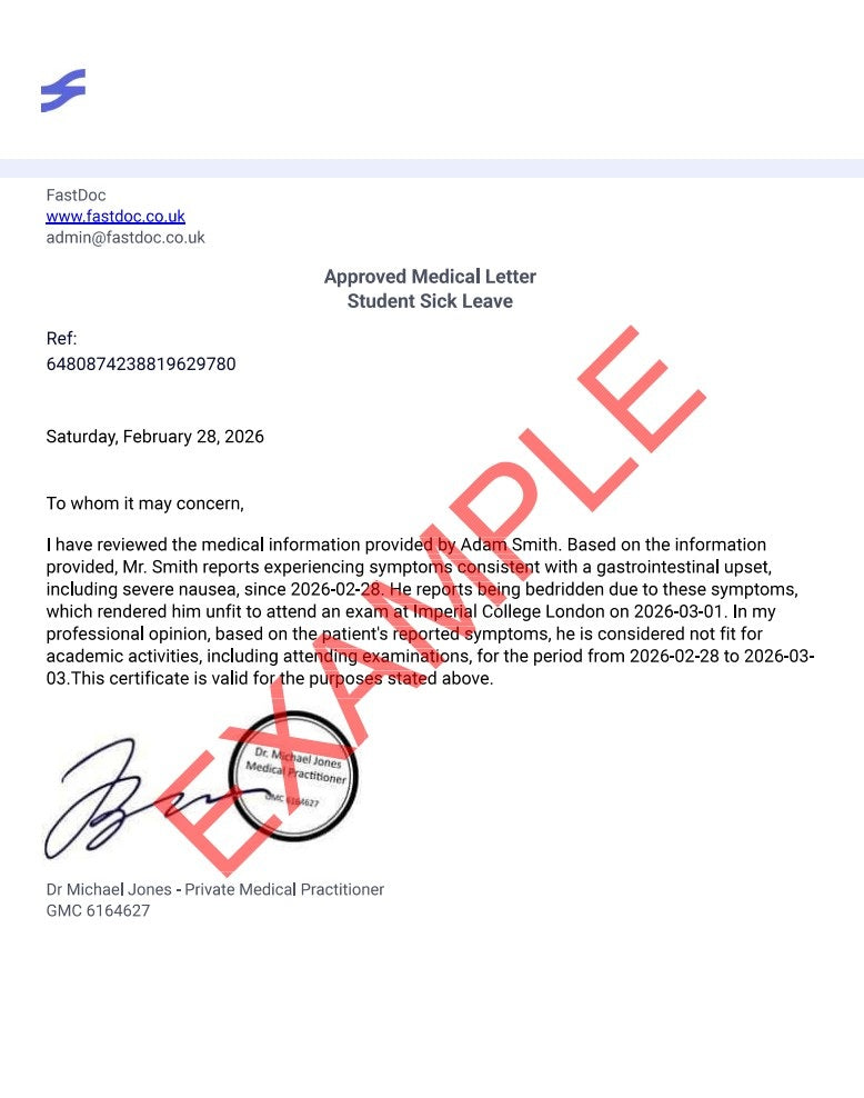 Example FastDoc student sick note