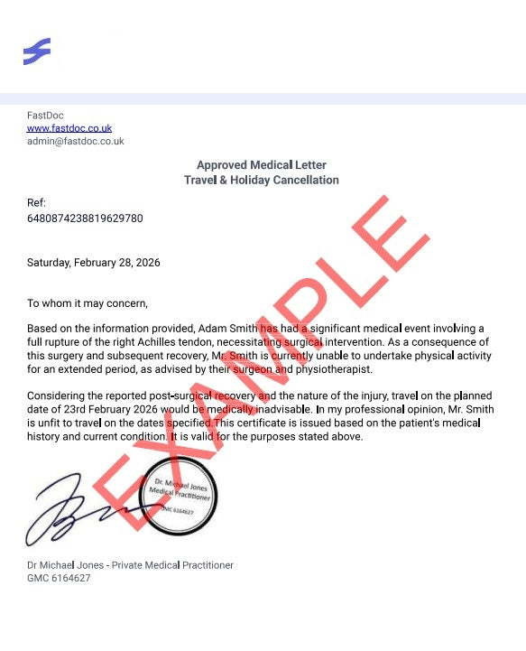Example FastDoc travel cancellation medical letter