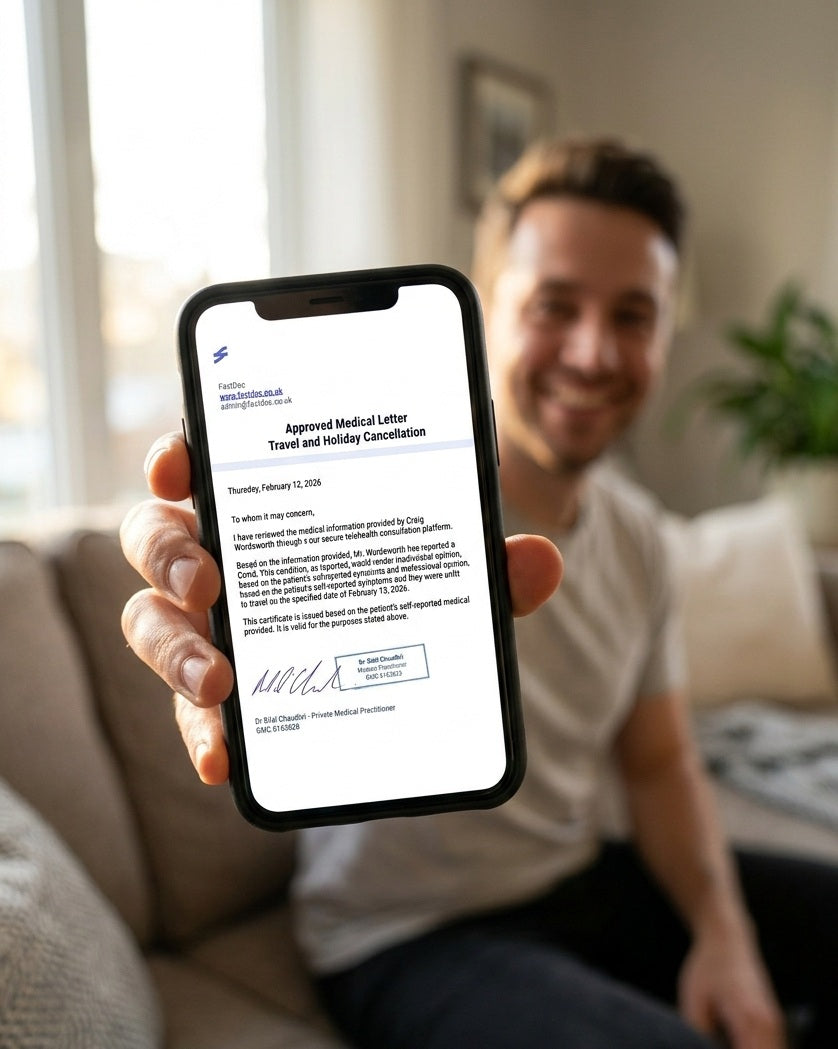 Man holding his phone showing his FastDoc travel cancellation letter